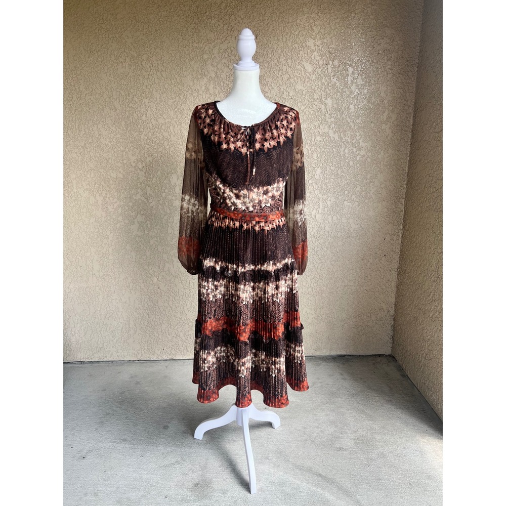 Vintage 70s Boho Floral Pleated Midi Dress Brown Rust Sheer Balloon Sleeve S